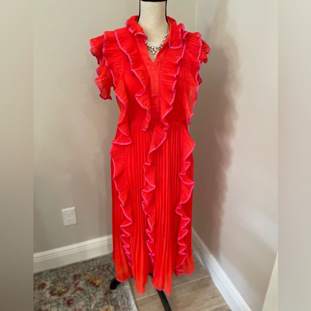 Flirty, Bright Orange with Pink trim ruffled dress. Size M.